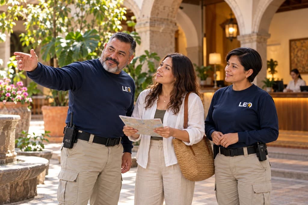 Guardias de LEO orientan a dos huéspedes en el patio de un hotel.